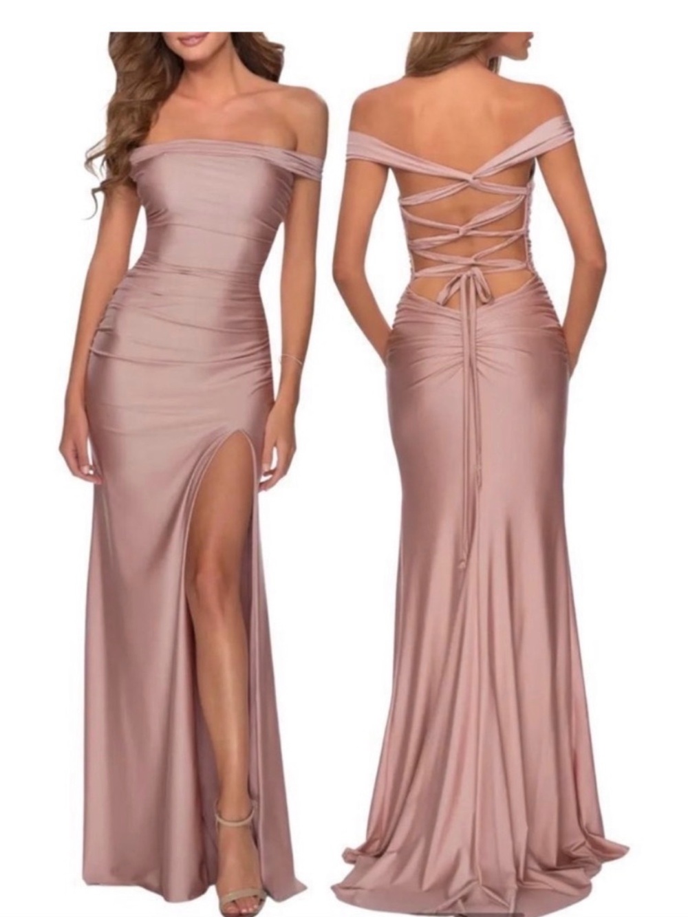 La Femme Rose Gold Off-Shoulder Satin Prom Gown with Lace-Up Back